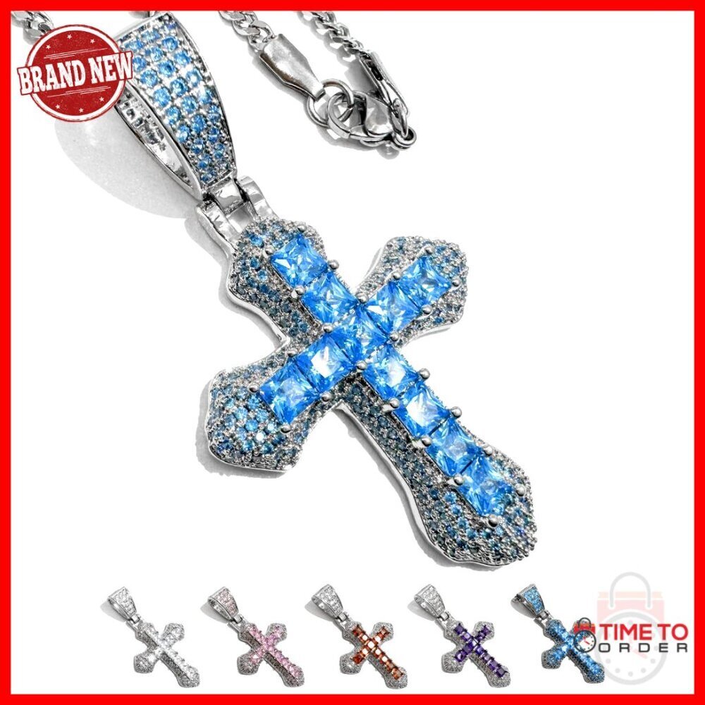 Chunky Cross Pendant Necklace with Zirconia Stones, Stainless Steel Chain